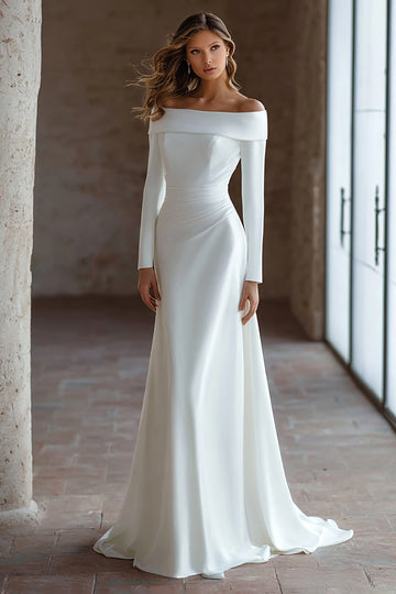 Off The Shoulder Ivory Engagement Dress With Long Sleeves